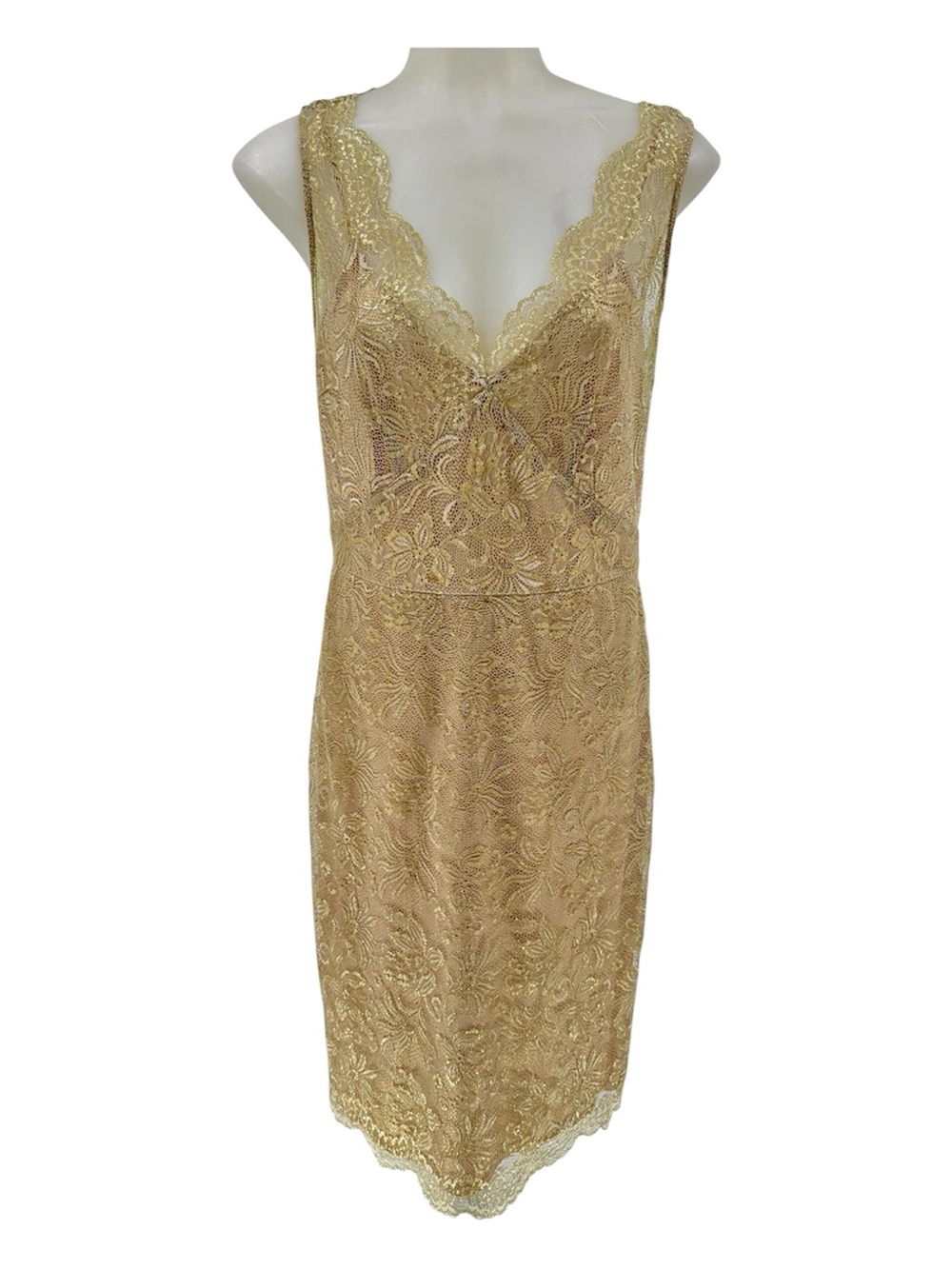 BCBGMaxAzria Gold Lace Overlay Lynette Metallic Scalloped Dress Sz 6